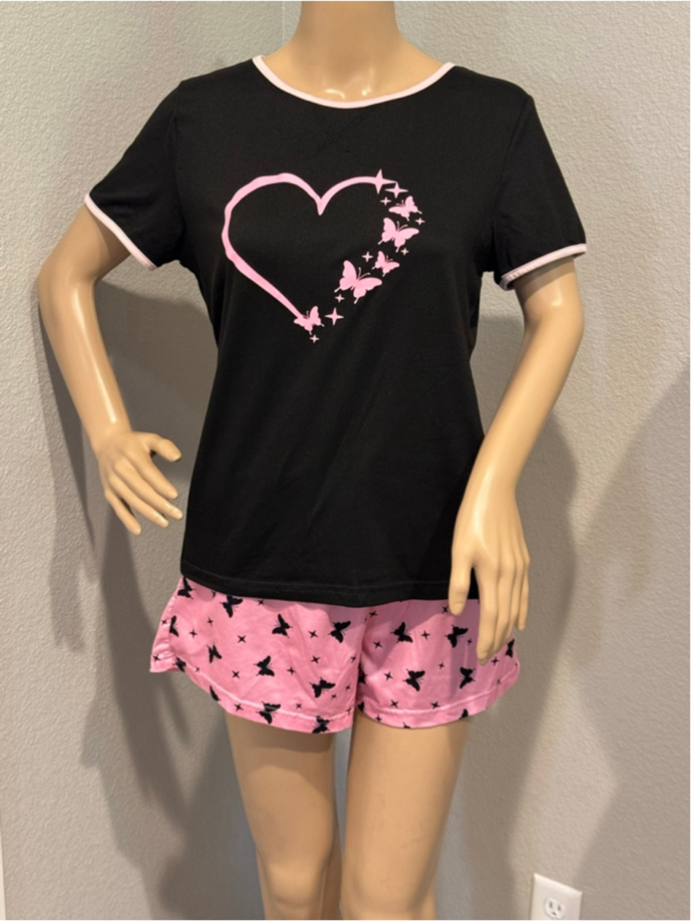 Women's EKOUAER Black Pink Butterfly Pajama Set M - Picture 1 of 12